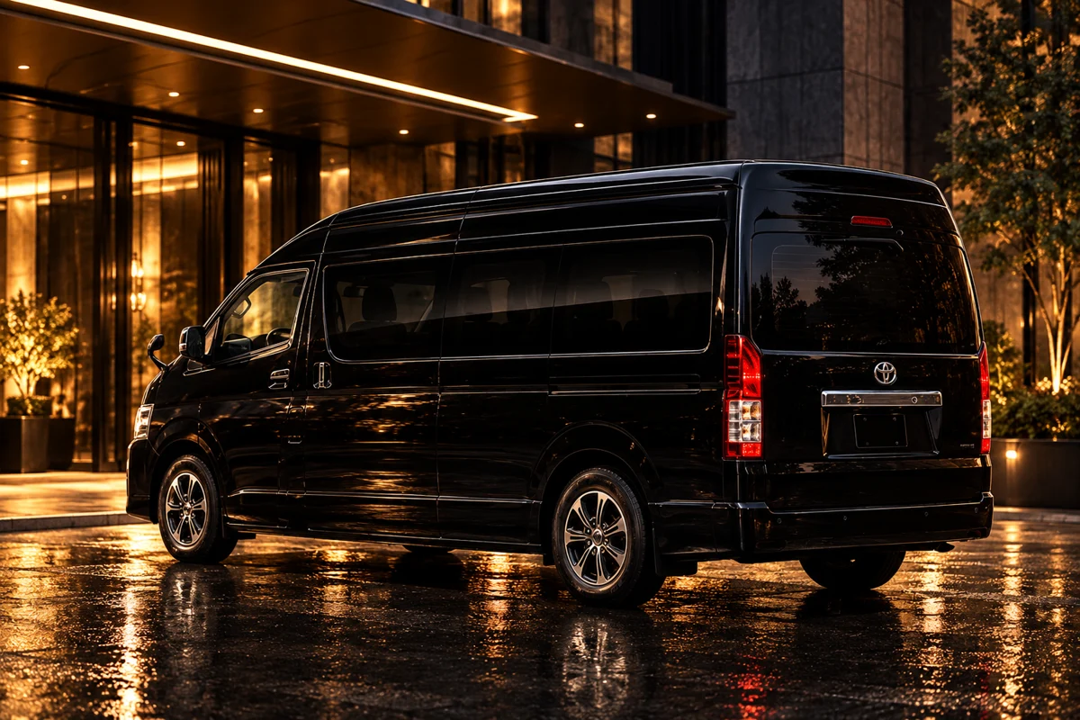 Illustrative black Toyota Hiace rear view