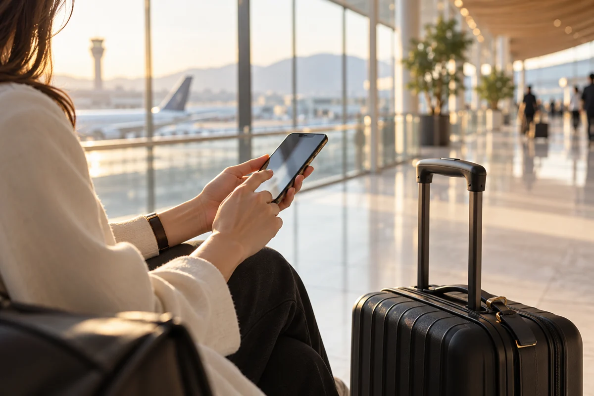 Illustrative traveller sharing flight details at an airport